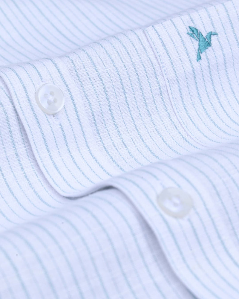 White & Green Double Mini Stripes -Full-Bamboo Linen