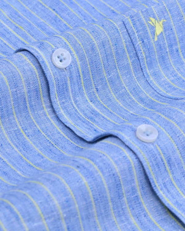 Denim Blue & Green Stripes -Full-Bamboo Linen