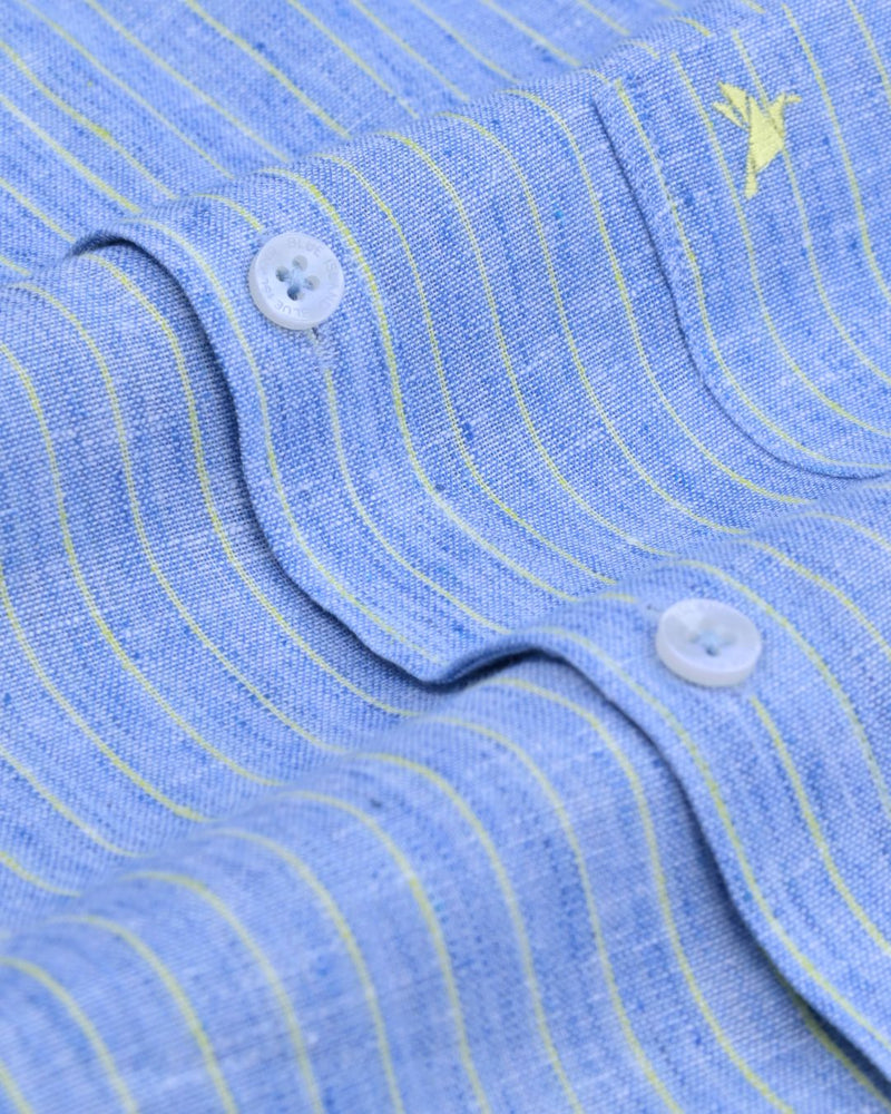 Denim Blue & Green Stripes -Full-Bamboo Linen