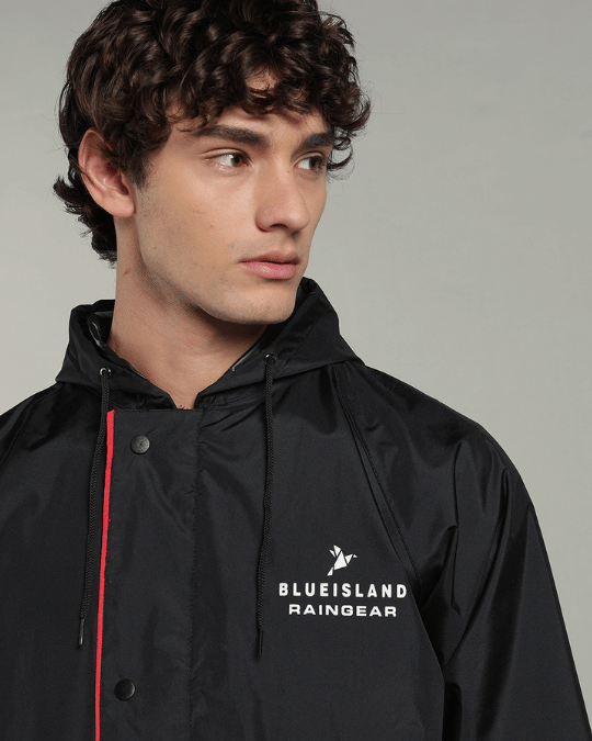 Matte Black with Red Border - Rain Jacket with Pant & Mobile Pouch