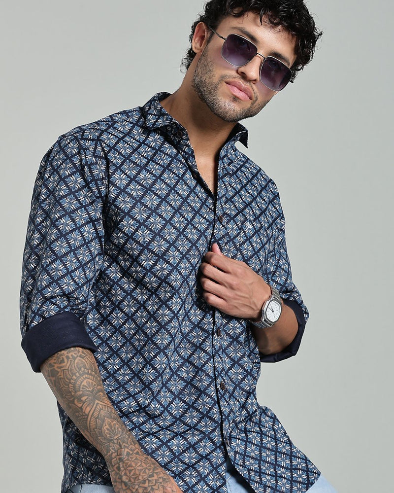 Navy Blossom Print-Full-Stain Proof