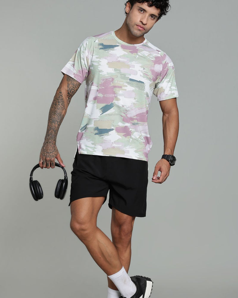 Pistah Green & Pink Splash - Active wear Round neck Tshirt