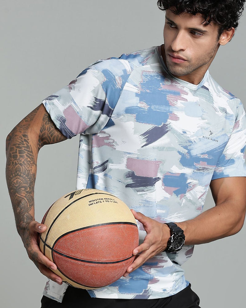 Bluish Grey & Green Splash - Active wear Round neck Tshirt