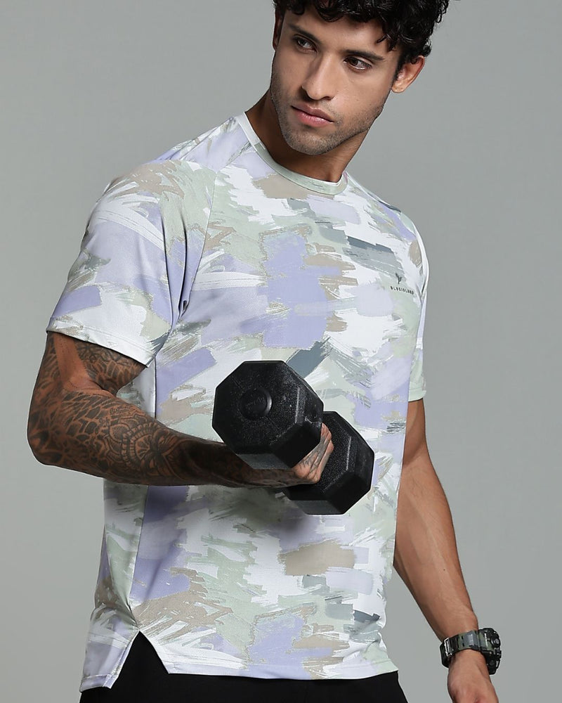 Mild Lavender & Lite Olive Splash - Active wear Round neck Tshirt