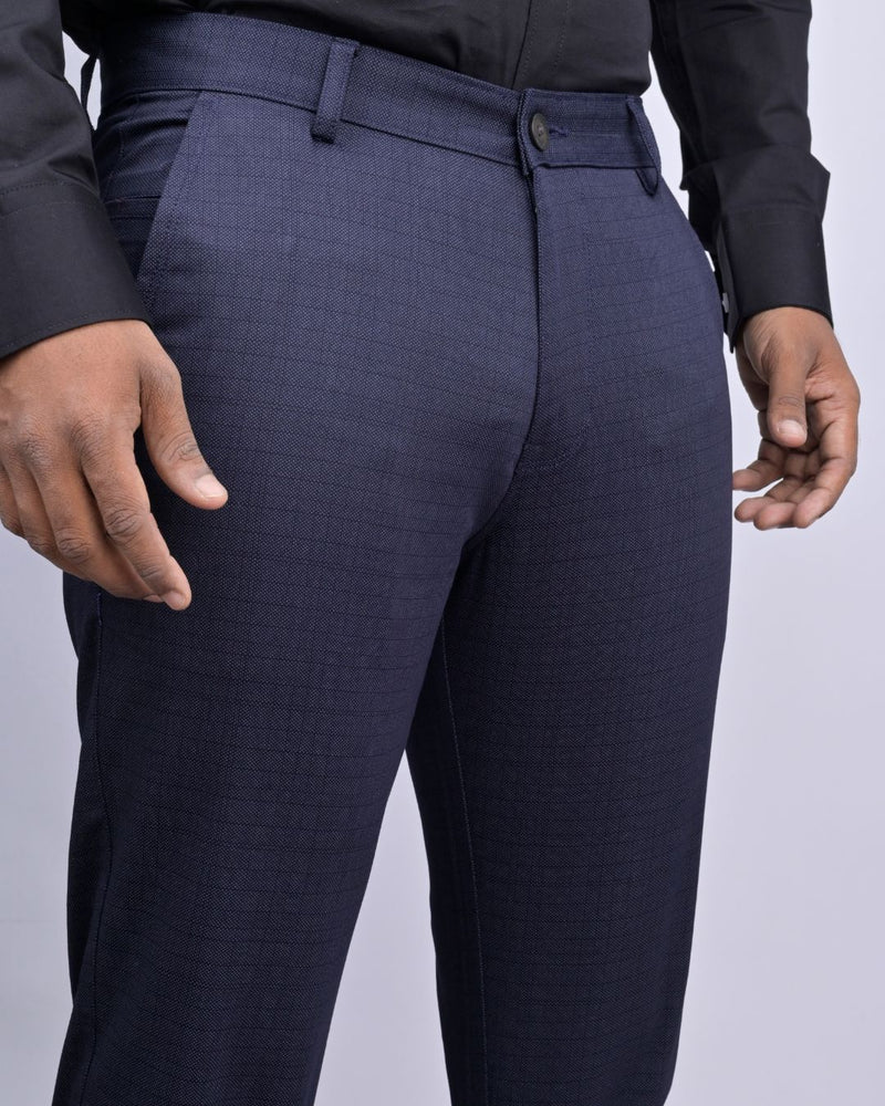 Navy Grain Checked - 2 way stretch - COTTON PANT