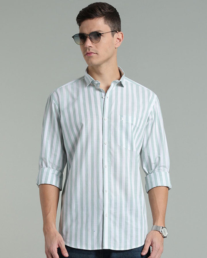 White & Green Bold Stripes -Full-Cotton Linen Shirt