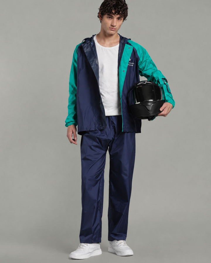 Navy with Teal Sleeve - Rain Jacket with Pant & Mobile Pouch