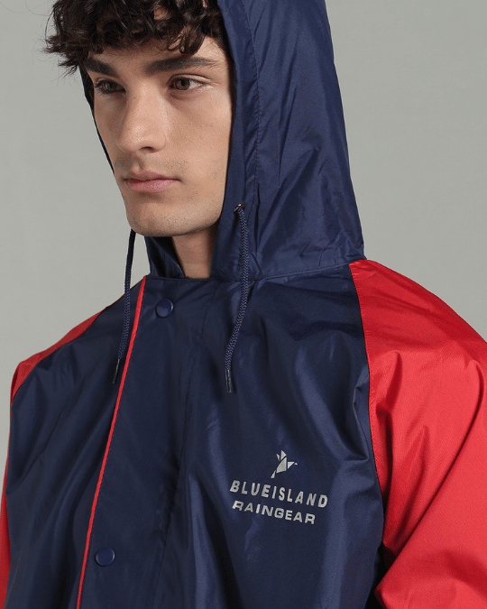 Navy with Red Sleeve - Rain Jacket with Pant & Mobile Pouch