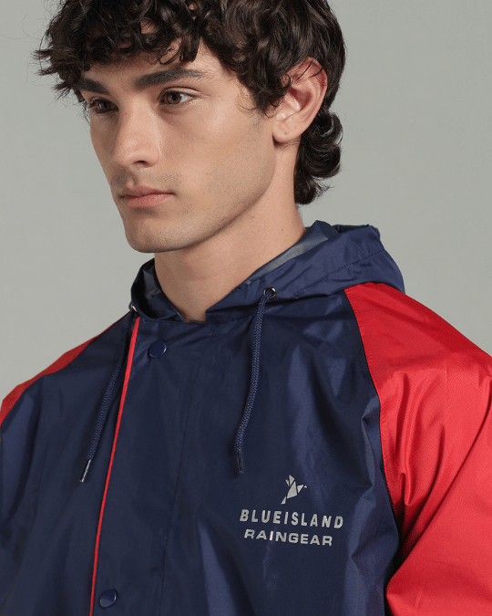 Navy with Red Sleeve - Rain Jacket with Pant & Mobile Pouch