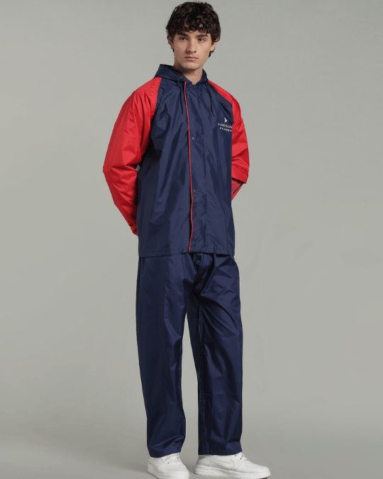 Navy with Red Sleeve - Rain Jacket with Pant & Mobile Pouch