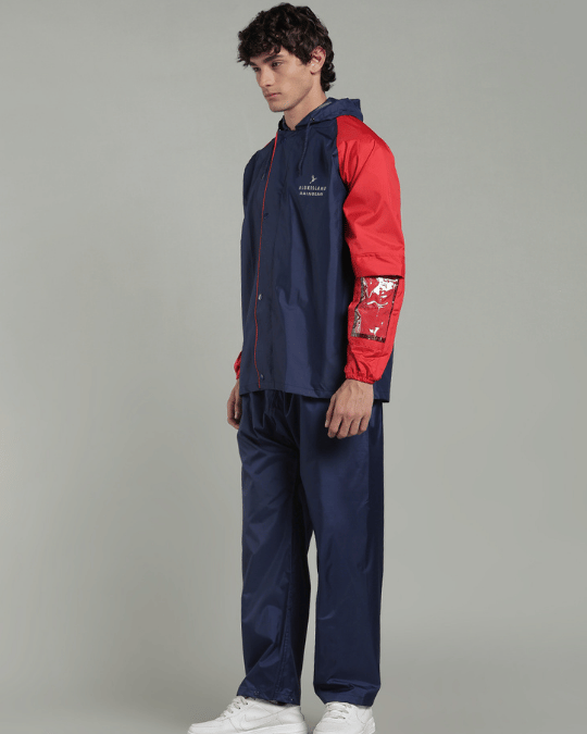 Navy with Red Sleeve - Rain Jacket with Pant & Mobile Pouch