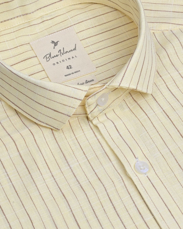 Mild Yellow & Brown Line Stripes -Half Sleeve-Bamboo Linen