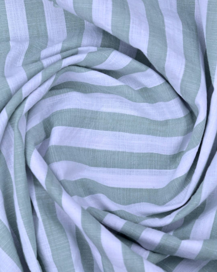 White & Green Bold Stripes -Full-Cotton Linen Shirt