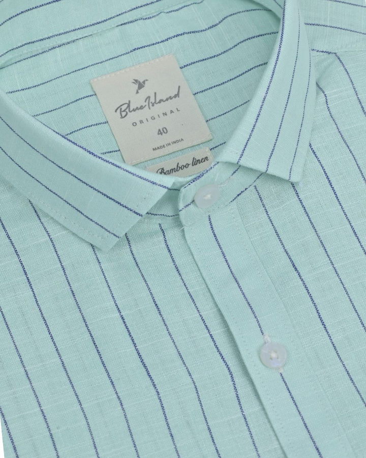 Pistah Green & Navy Stripes -Full-Bamboo Linen