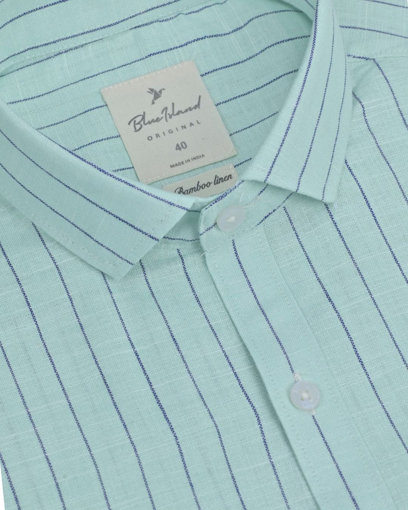 Pistah Green & Navy Stripes -Full-Bamboo Linen