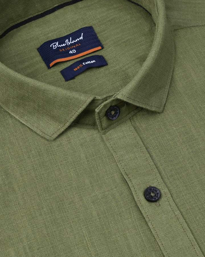 Army Green Solid-Full-Cotton Linen Shirt