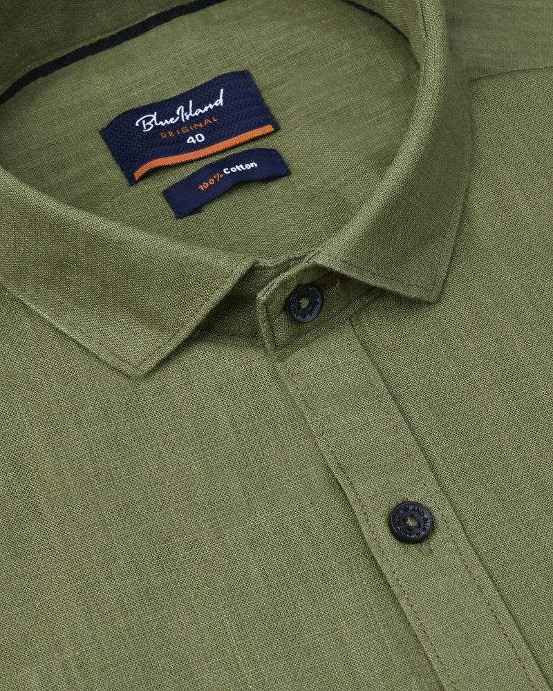 Army Green Solid-Full-Cotton Linen Shirt