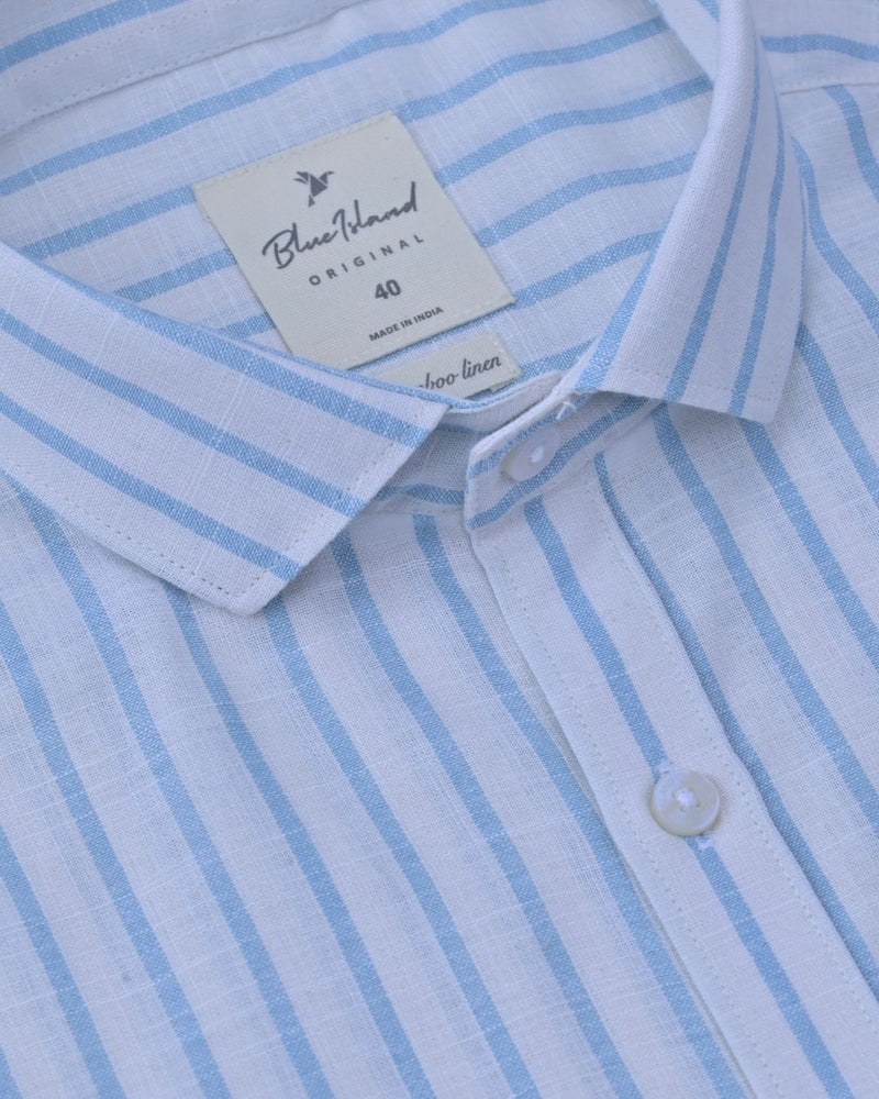 White & Aqua Blue Stripes -Full-Bamboo Linen