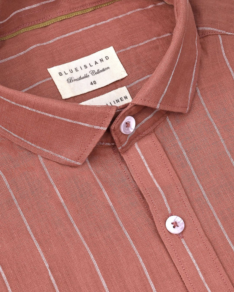 Brick Brown Broad Stripes-Full-Cotton Linen Shirt