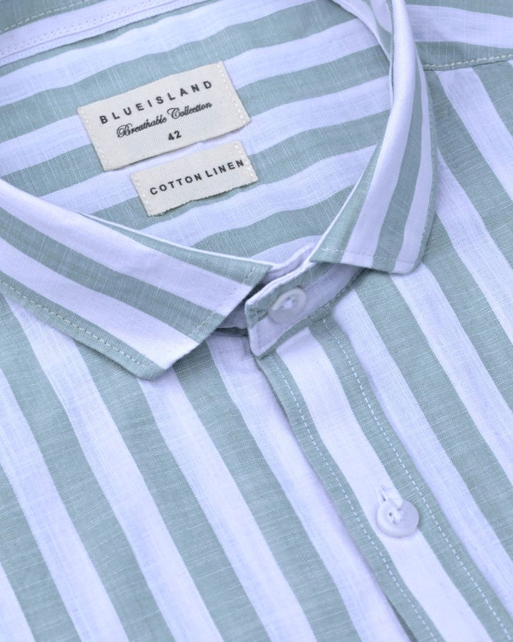 White & Green Bold Stripes -Full-Cotton Linen Shirt