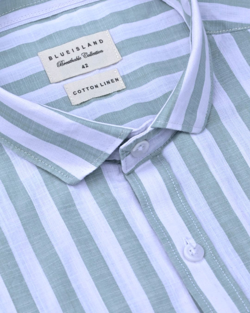 White & Green Bold Stripes -Full-Cotton Linen Shirt