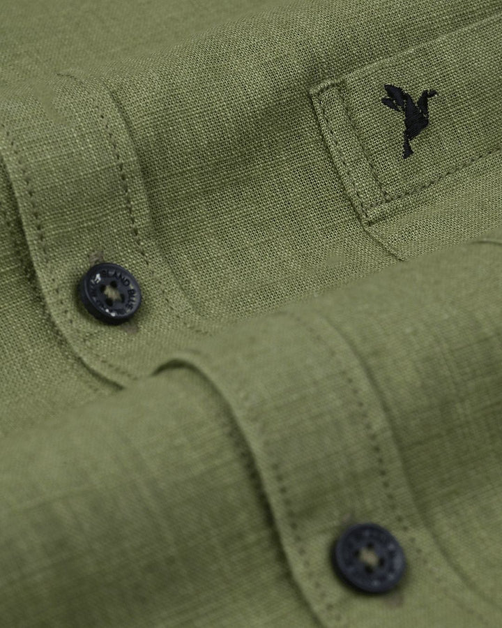 Army Green Solid-Full-Cotton Linen Shirt