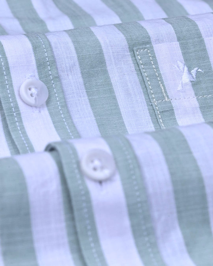 White & Green Bold Stripes -Full-Cotton Linen Shirt