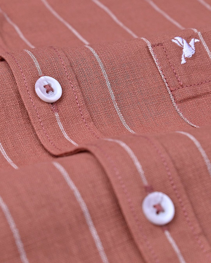 Brick Brown Broad Stripes-Full-Cotton Linen Shirt