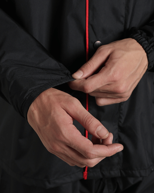 Matte Black with Red Border - Rain Jacket with Pant & Mobile Pouch