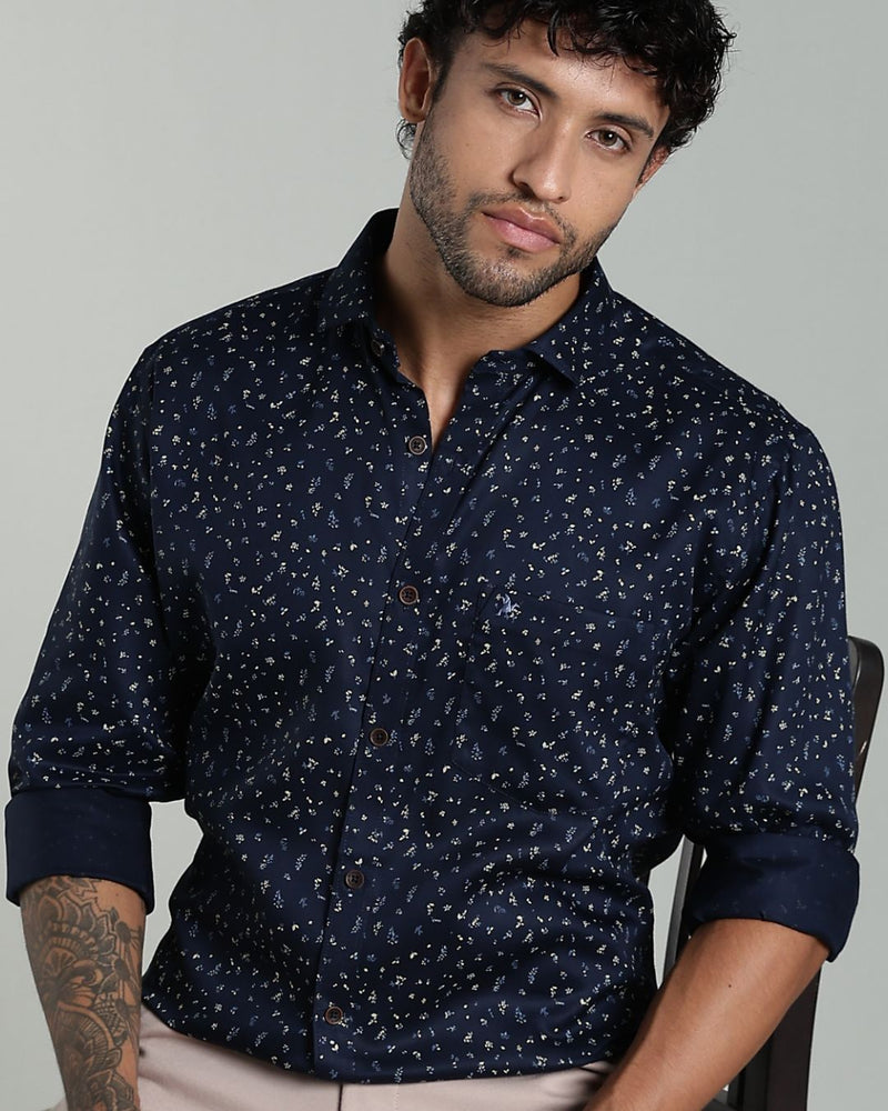 Navy Leaf Print-Full-Stain Proof
