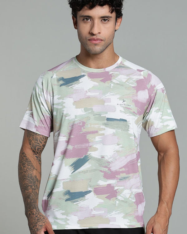 Pistah Green & Pink Splash - Active wear Round neck Tshirt