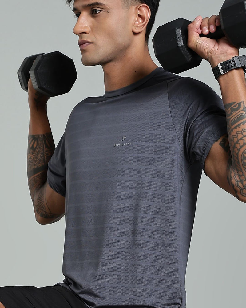 Ash Grey Horizontal Lines - Active wear Round neck Tshirt