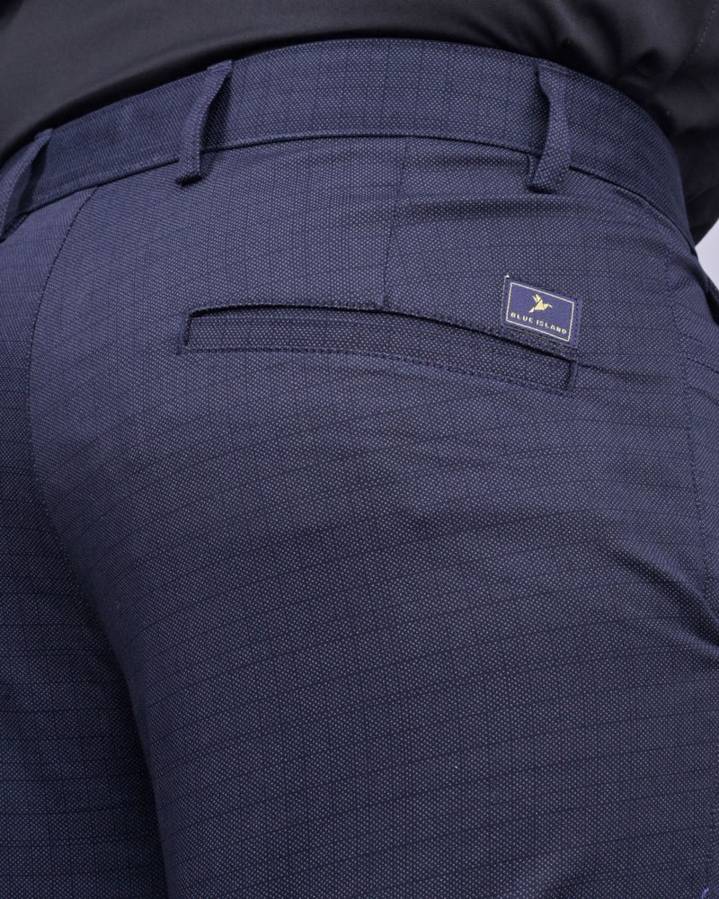Navy Grain Checked - 2 way stretch - COTTON PANT