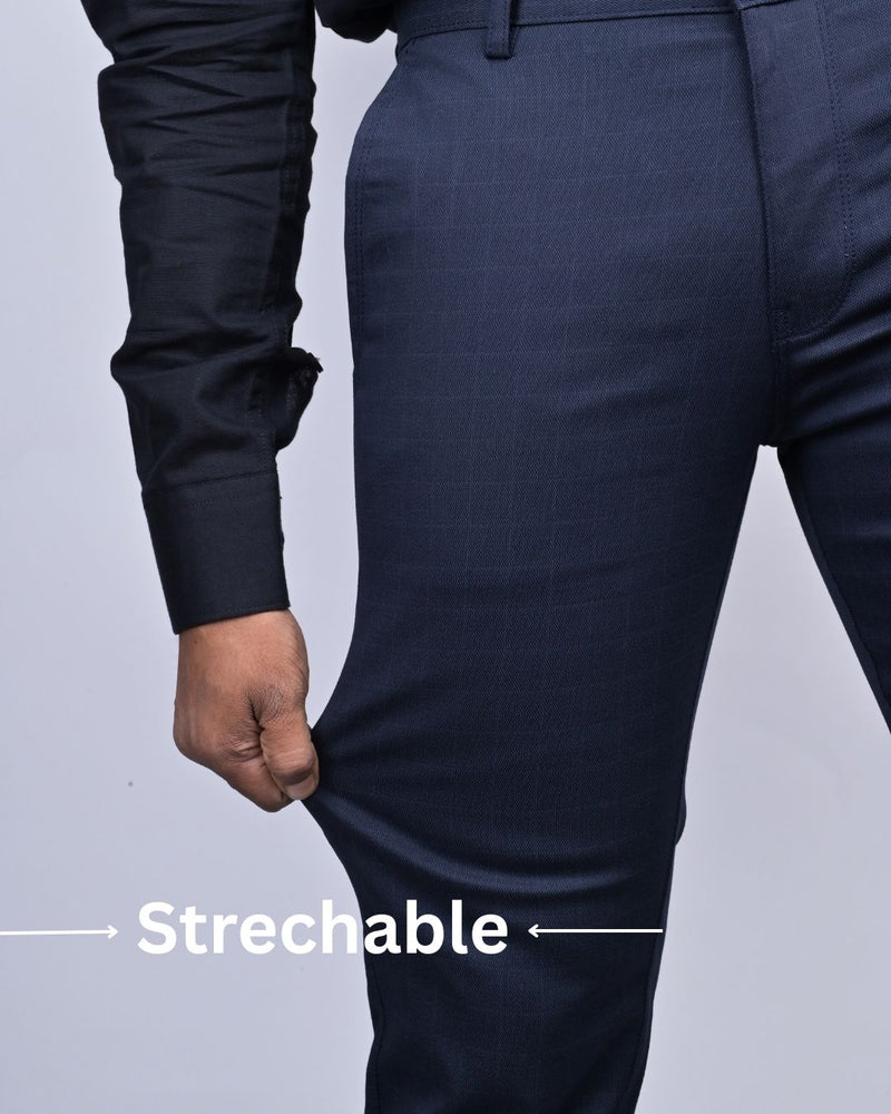 Navy Wavy Checked - 2 way stretch - COTTON PANT