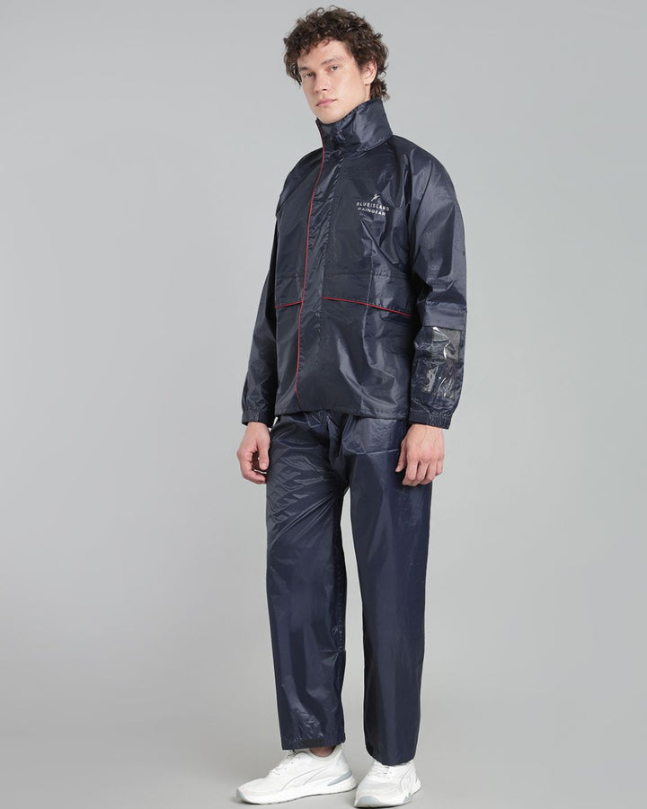 Navy with Red Taping - Rain Jacket with Pant and Mobile Pouch