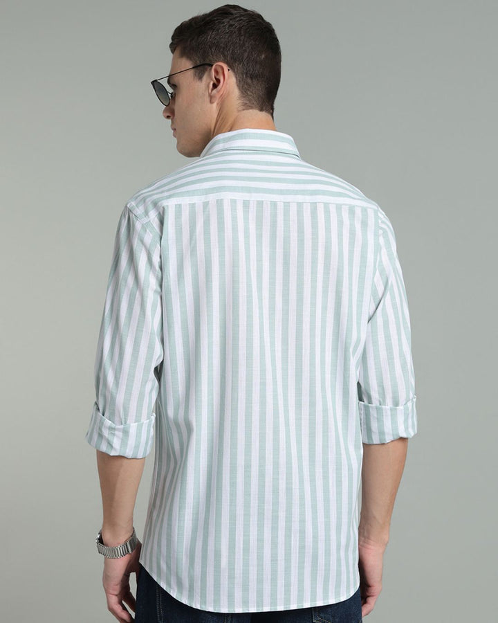 White & Green Bold Stripes -Full-Cotton Linen Shirt
