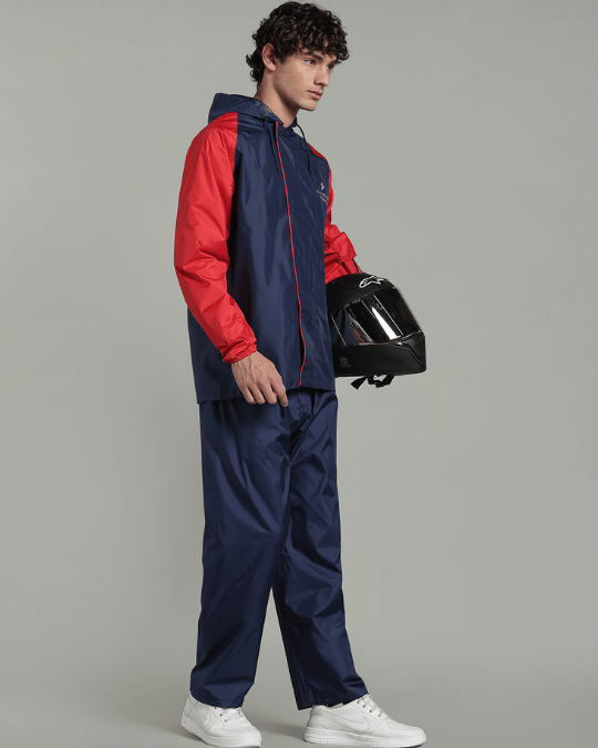 Navy with Red Sleeve - Rain Jacket with Pant & Mobile Pouch