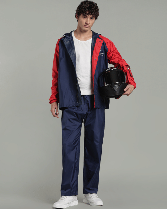 Navy with Red Sleeve - Rain Jacket with Pant & Mobile Pouch