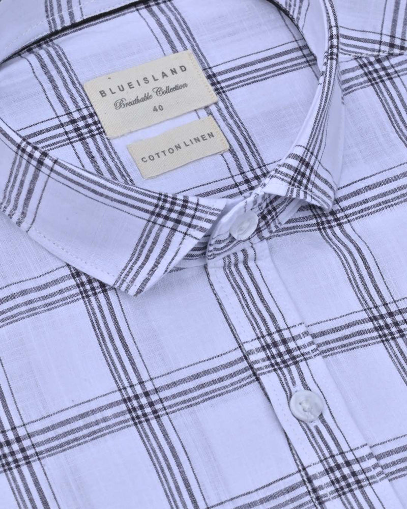 White & Black Multi Line Checks-Full-Cotton Linen Shirt