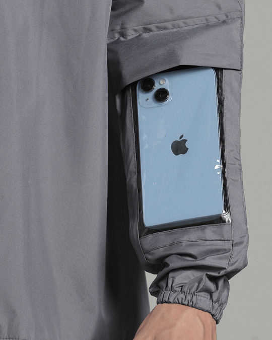 Silver Grey with Black Border - Rain Jacket with Pant & Mobile Pouch