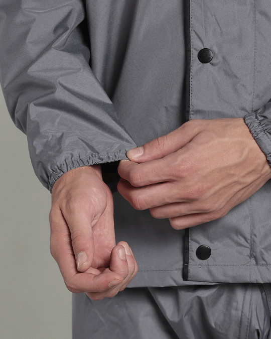 Silver Grey with Black Border - Rain Jacket with Pant & Mobile Pouch