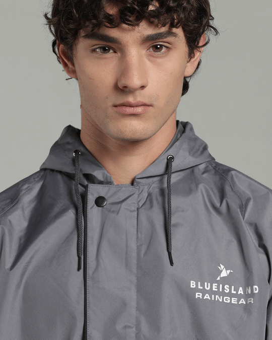 Silver Grey with Black Border - Rain Jacket with Pant & Mobile Pouch