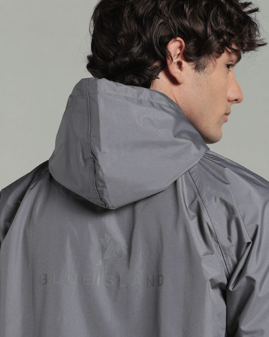 Silver Grey with Black Border - Rain Jacket with Pant & Mobile Pouch