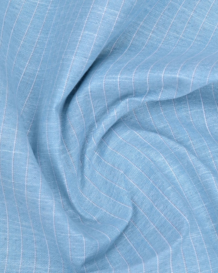 Turquoise Blue & Navy Dotted Line Stripes -Full-Bamboo Linen