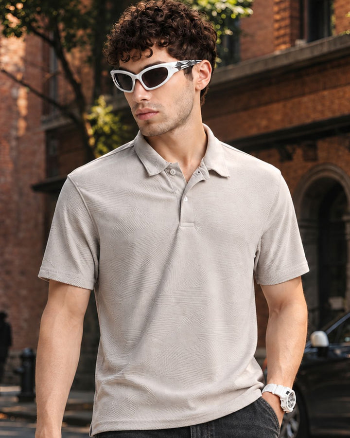 Dusty Cream Geometric Textured - Polo Tshirt