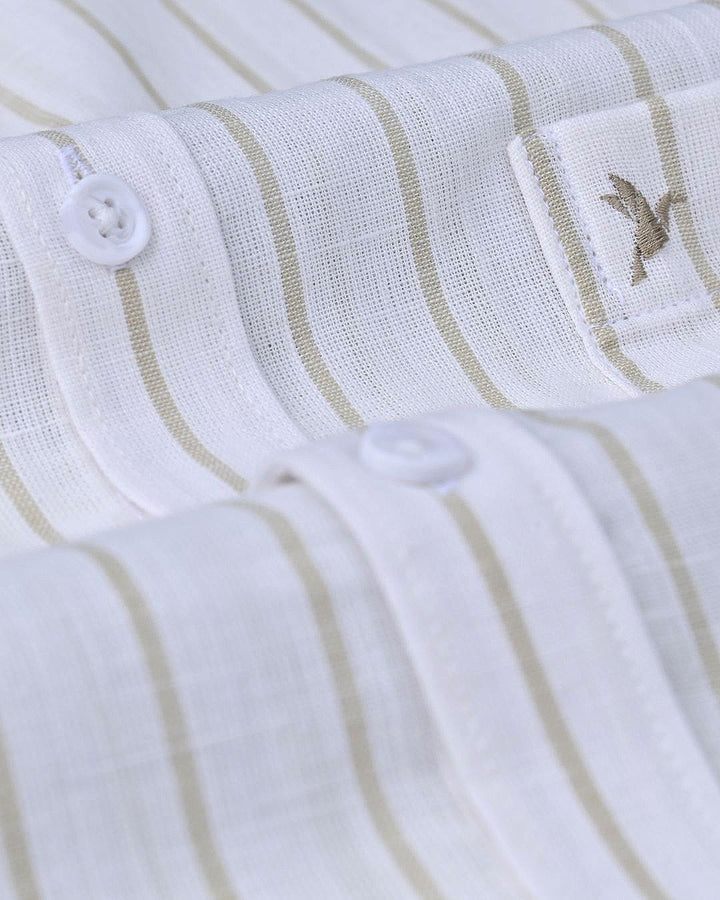 White & Khaki Line Stripes-Full-Cotton Linen Shirt