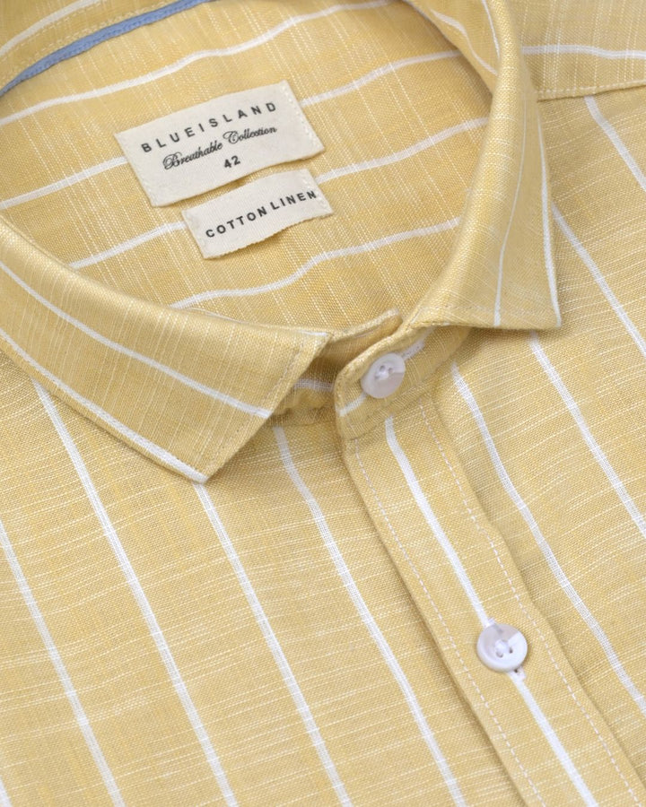 Bright Yellow & White Line Stripes -Full-Cotton Linen Shirt
