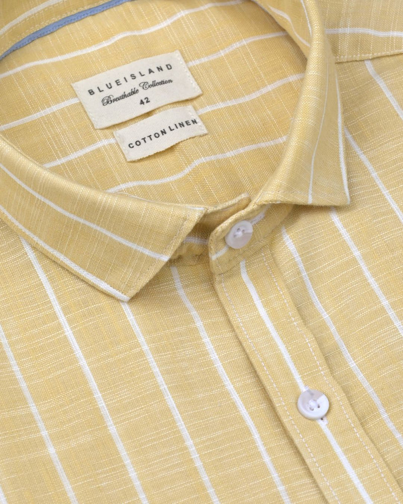 Bright Yellow & White Line Stripes -Full-Cotton Linen Shirt