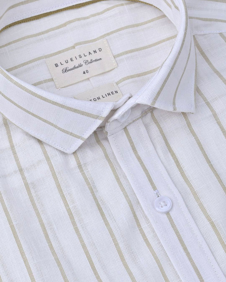 White & Khaki Line Stripes-Full-Cotton Linen Shirt