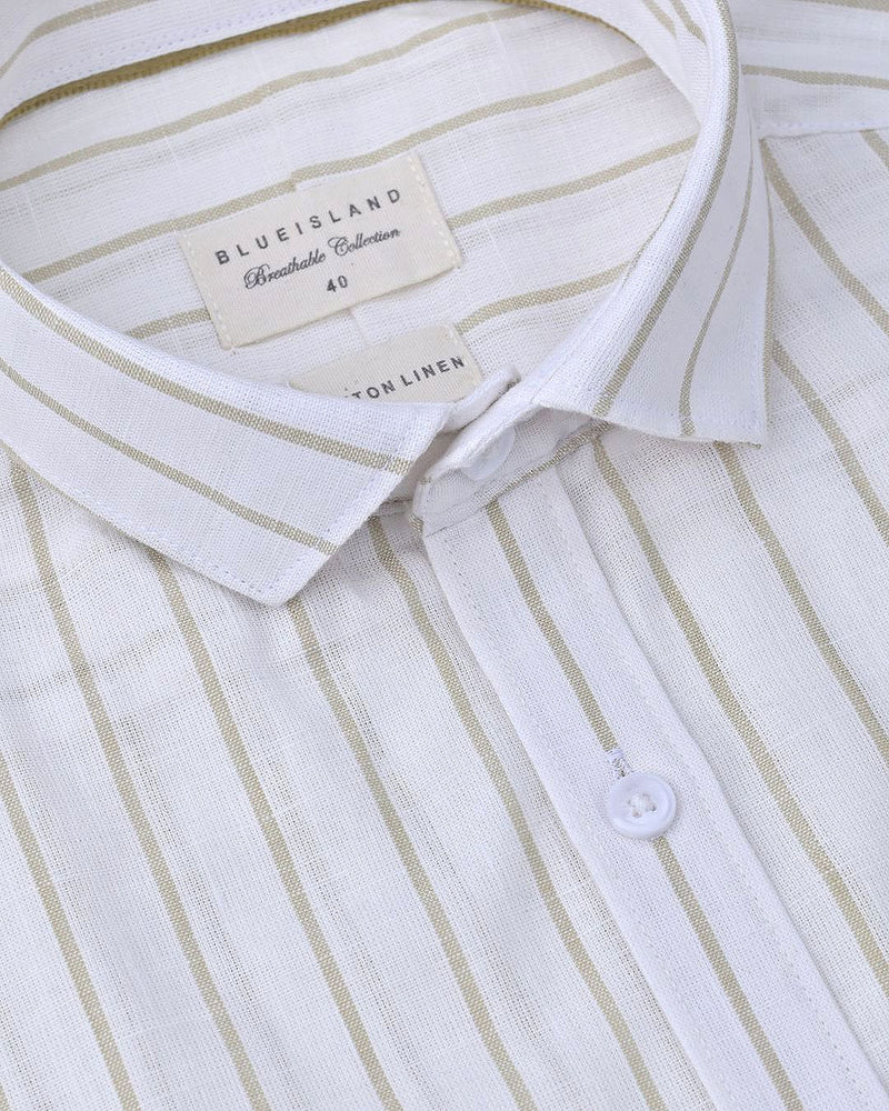 White & Khaki Line Stripes-Full-Cotton Linen Shirt